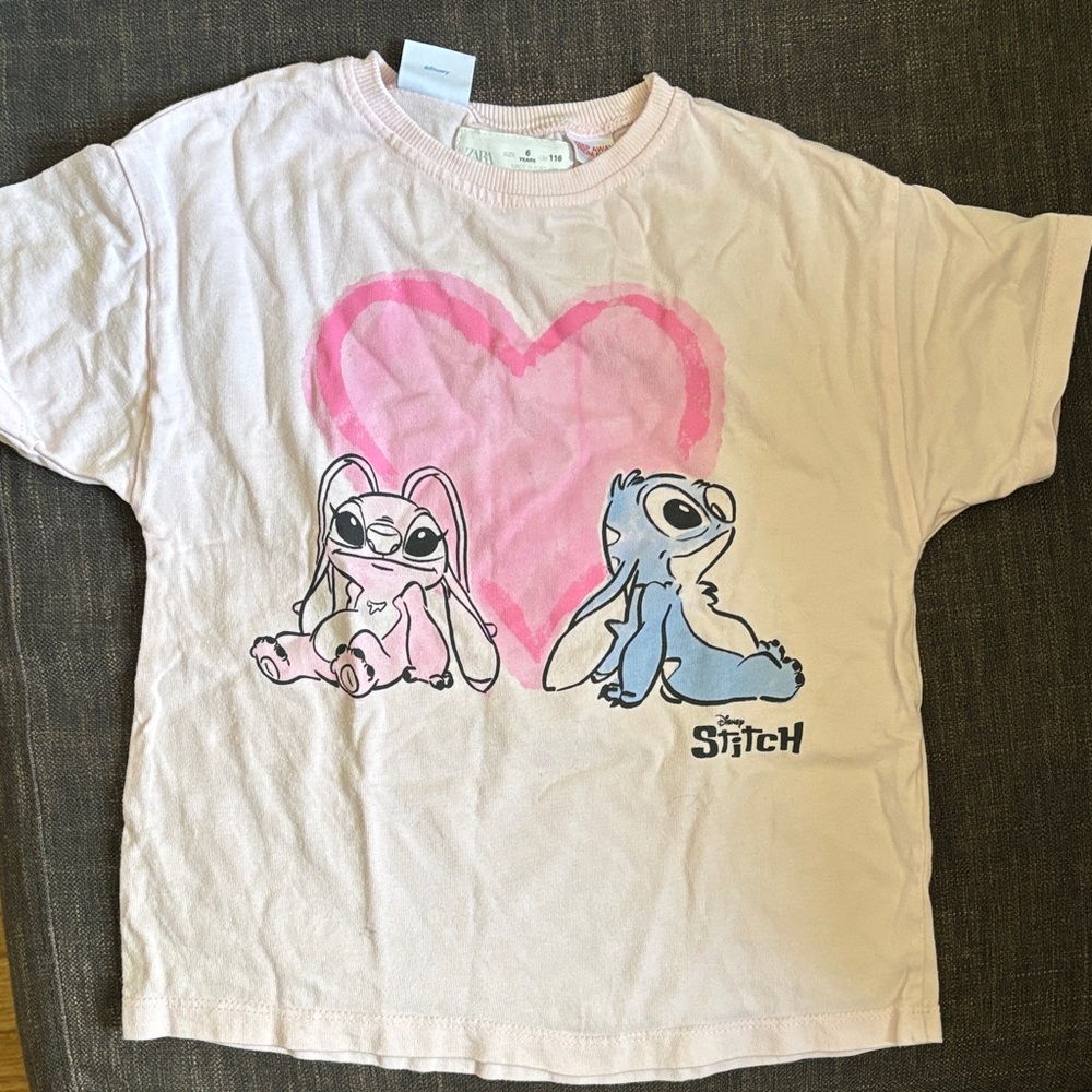 Zara - Disney Stitch and Angel Kids Light Pink heart T-Shirt
